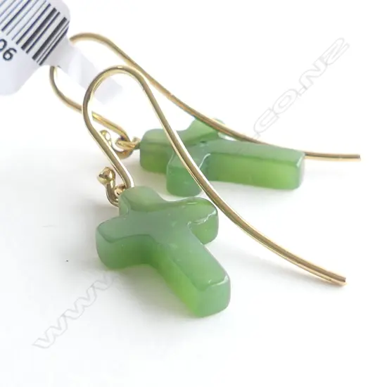 PR 9CT GOLD & GREENSTONE CROSS HOOK EARRINGS