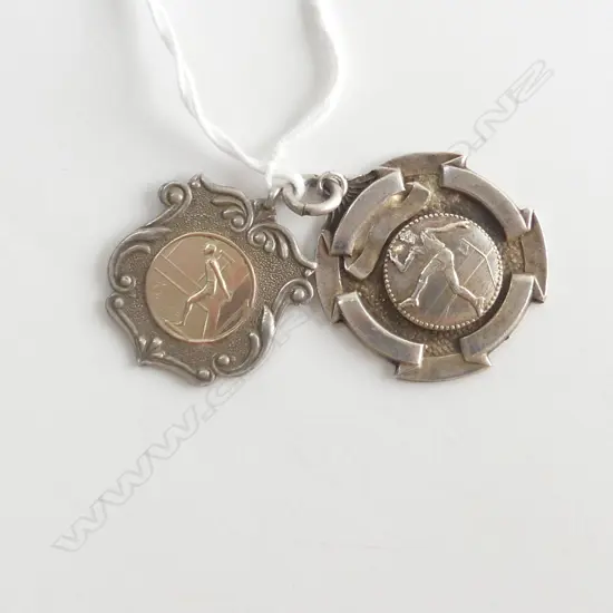 2 VINTAGE SILVER SPORTING FOB MEDALALIONS swimming & rugby 17.8gms