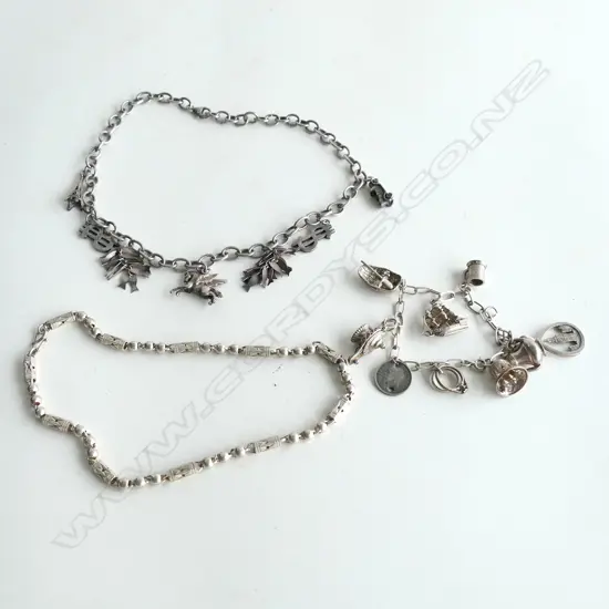 STG SILVER CHARM BRACELET WITH CHARMS, NECKLACE WITH CHARMS & ONE OTHER CHAIN 87.05GMS