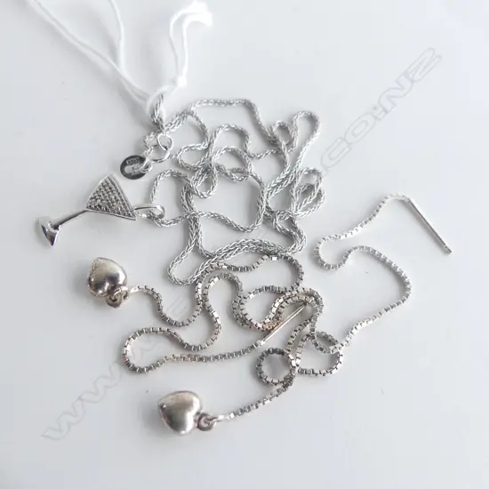 PR LONG THREAD HEART DROP EARRINGS & STG SILVER CHAMPAGNE GLASS PENDANT & CHAIN