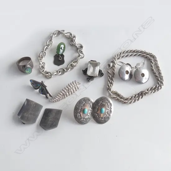 ASST SILVER VINTAGE JEWELLERY. rope twist chain + bracelet + earrings + NZ silver badge etc