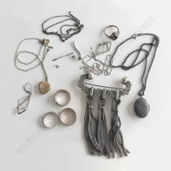 SILVER JEWELLERY ETC. RINGS + CHAINS + NECKLACE + LGE BROOCH WCHAIN SUSPENSIONS 