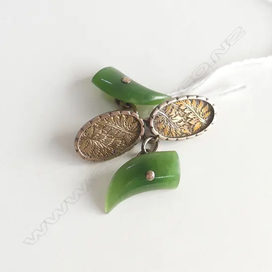 PR C1900 9CT ENGRAVED GOLD & POUNAMU CUFFLINKS