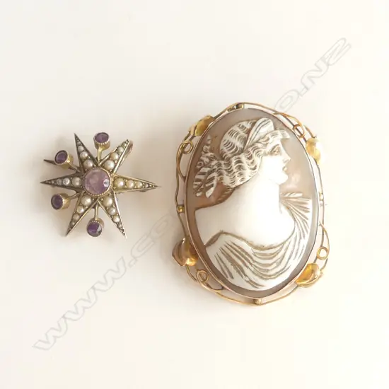 LG 9CT GOLD FRAMED CAMEO BROOCH + ONE OTHER (A/F)