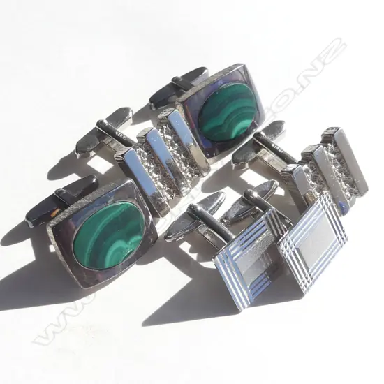 3 PRS SILVER CUFFLINKS; MALACHITE, 925 & 835 **RTV**