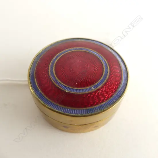 BRASS & GUILOCHE ENAMEL PATCH BOX INTERNAL MIRRORED LID W CRACK