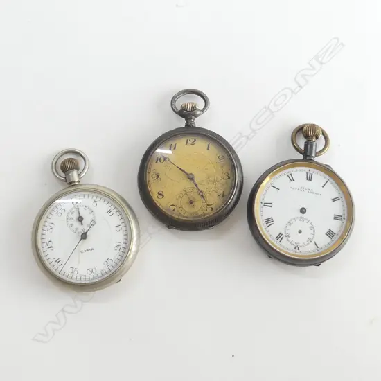 3 OLD POCKET WATCHES: INCLS CYMA STOP WATCH. SOME FAULTS