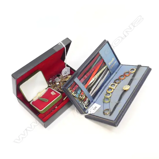 2 BOXES OF JEWELERY ITEMS. ONE WITH WATCH AND INTERCHANGEABLE BEZEL & STRAPS. OTHER COSTUME JEWELLERY