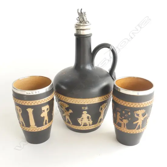 UNUSUAL LAMBETH DOULTON EGYPTIAN PATTERNED JUG AND TWO BEAKERS. RD NUMBER FOR 1889 WITH STERLING SILVER MOUNTS AND PHOEN