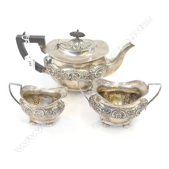 ORNATE 3 PC STG SILVER TEA SET 490GMS, BIRM. 1904