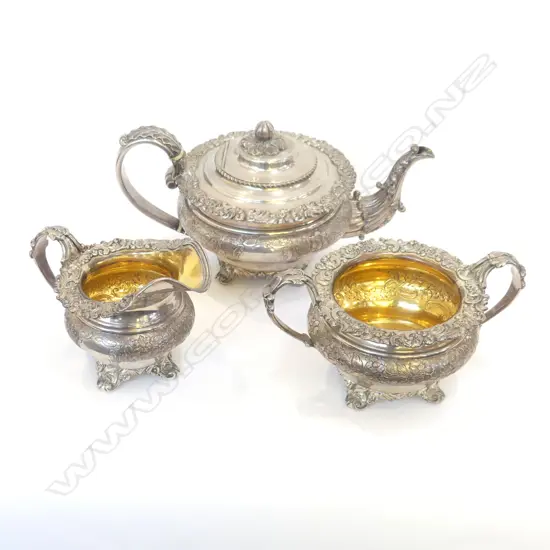ORNATE 3 PC OLD SHEFFIELD PLATE LG TEAPOT, JUG & SUGAR TEASET