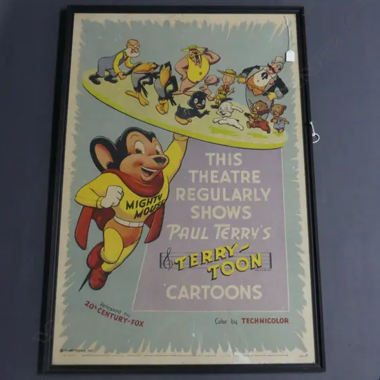 FRAMED VINTAGE 20TH CENTURY FOX TERRY TOON CARTOON  ADVERTISEMENT FEATURING MIGHTY MOUSE