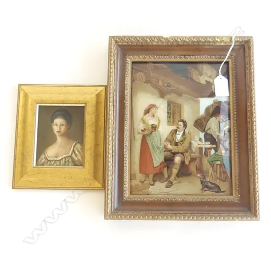 SM SIGNED PORTRAIT (80 X 100MM) + A VICT. CRYSTOLEUM OF VILLAGE SCENE (230 X 160MM)