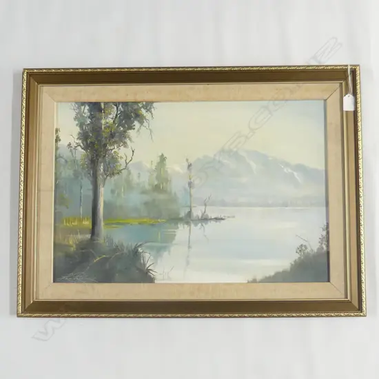 RON PRESTNEY OIL 'MORNING MIST LAKE WAHOPO WESTLAND 395 X 495mm