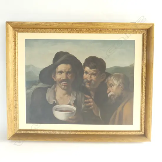 LGE OIL PAINTING ON BOARD. THREE FIGURES WITH BOWL .IN THE MANNER OF MURILLO. 490X620mm
