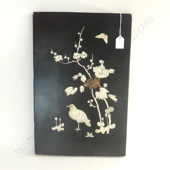 JAPANESE BLACK LACQUER WOOD PANEL ARTWORK  BONE carved decoration birds flowers 450 x 300mm FAULTED PCE MISSING TO CENTR