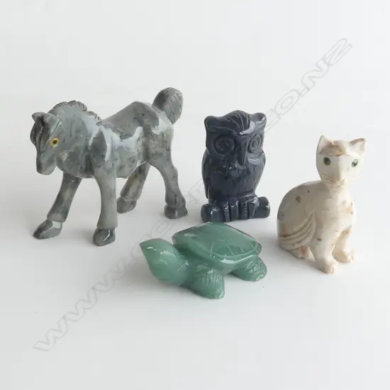 4 GEMSTONE ANIMAL CARVINGS; OBSIDIAN OWL, AVENTURINE TURTLE, WHITE JASPIS CAT & BOTSWANA AGATE HORSE