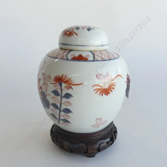 JAPANESE PORCELAIN HAND PAINTED GINGER JAR WITH WOODEN STAND H. 200MM
