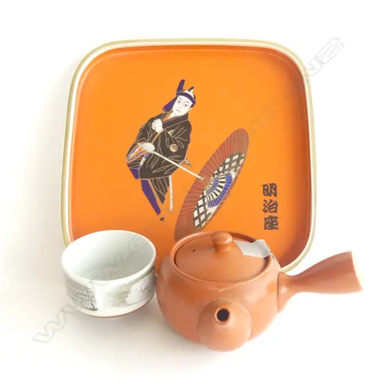 VINTAGE JAPANESE TRAY  W240MM TEACUP  W80MM & TEAPOT INTERNAL CHIPPING W150MM