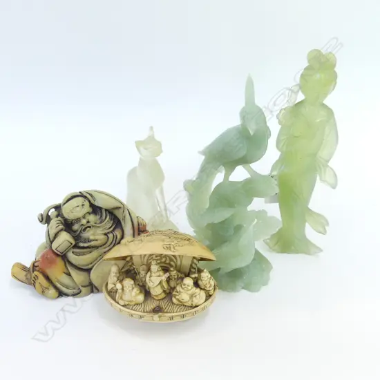 3 ORIENTAL GREEN GLASS PCS; CAT, BIRD & LADY (H180MM) + CARVED FIGURE & SHELL FIGURES 
