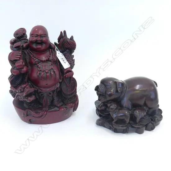 2  ORIENTAL FIGURES; PIG & PIGLETS (L. 130MM & BUDDHA (H. 170MM)