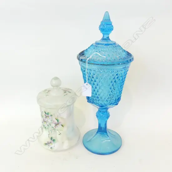 2 GLASS LIDDED JARS; 1 DIAMOND CUT BLUE JAR (H.420MM) & PAINTED JAR (H 240MM)