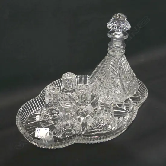 CUT GLASS DECANTER + GLASSES ON TRAY