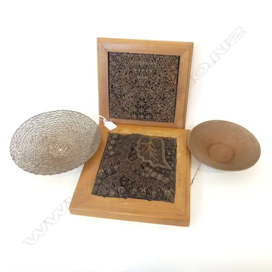 TWO COPPER & WOODEN BATIK POT STANDS + TWO COPPER WIRE BASKETS 