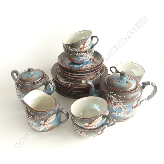 JAPANESE POST WAR " DRAGON TEASET " .6 CUPS SAUCERS & PLATES TEAPOT SUGAR & MILK 