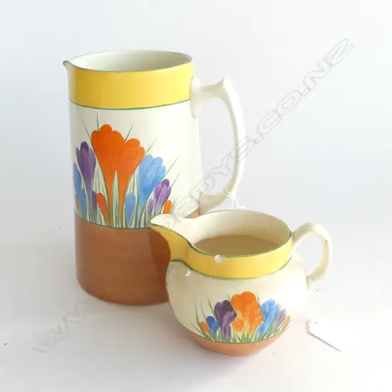  LARGE CLARICE CLIFF CROCUS JUG RIM CHIP H180MM & SMALL CROCUS JUG RIM CHIP H90MM