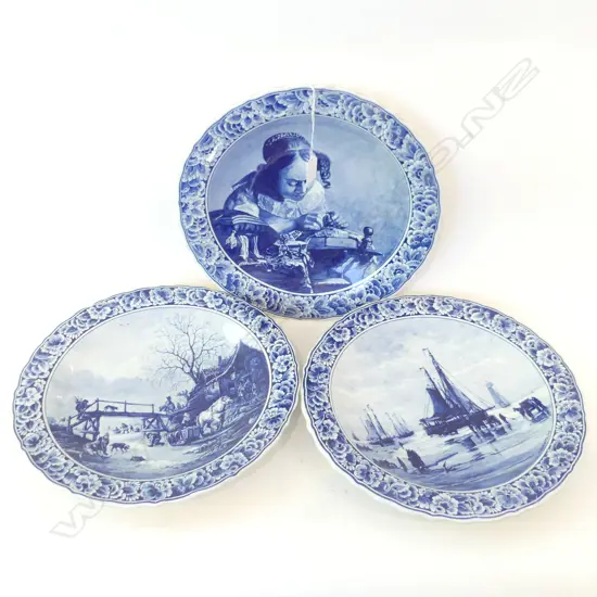 3 LG BLUE & WHITE DELFT DUTCH SCENE PLATES, DIA 340MM 