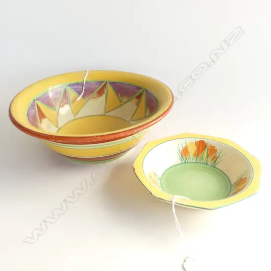 2 CLARICE CLIFF BOWLS BOTH WITH RIM CHIPS  W220 &140MM
