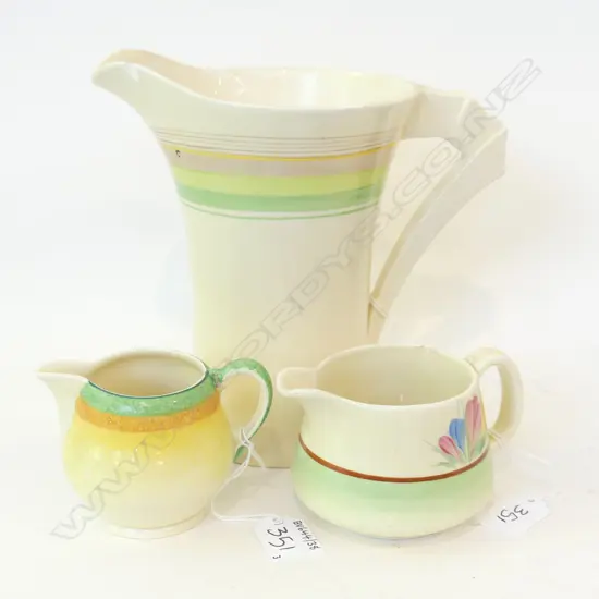 3 CLARICE CLIFF JUGS  RIM CHIPS & HANDLE REPAIR  H195MM  80MM & 80MM