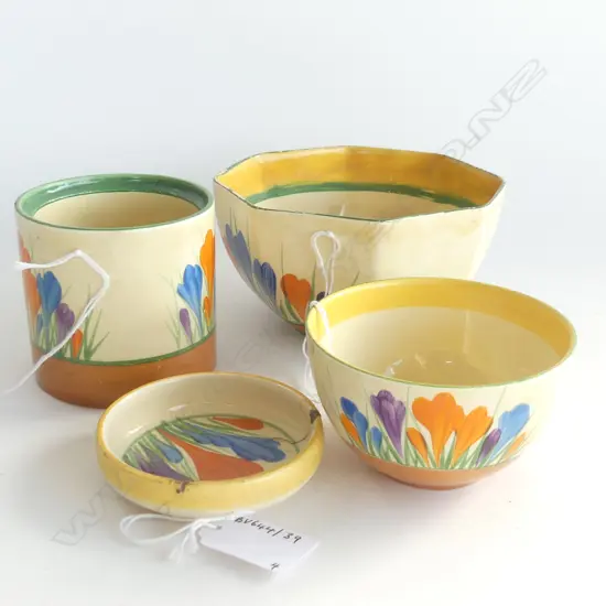 4 PCS CLARICE CLIFF CROCUS PAT 2 BOWLS JAM POT NO LID & PIN DISH  ALL WITH MINER FAULTS   LARGEST W130MM TALLEST H80MM