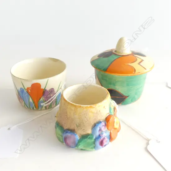 3 SMALL CLARICE CLIFF JARS 1 LIDDED ALL WITH RIM CHIPS H60MM&40MM