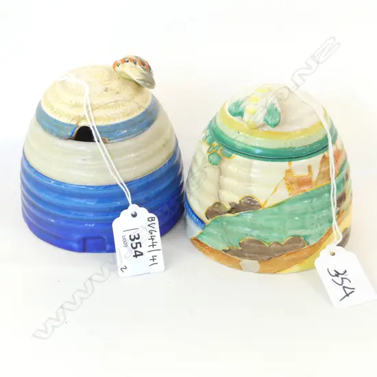 2 CLARICE CLIFF HONEY POTS 1CRACK TO BASE 1 REPAIR TO LID  H100MM