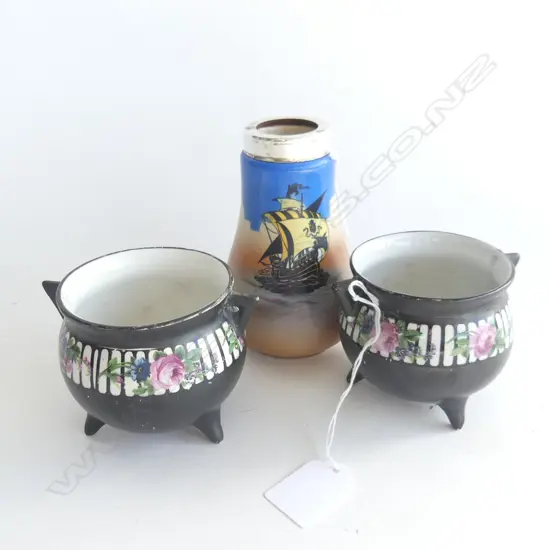 PR OF CAULDRON SMALL VASES & BURSLEM SHIP VASE H120MM &70MM