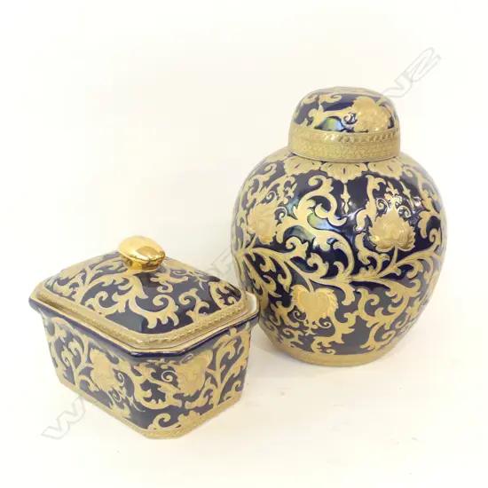 2 DECORATIVE BLUE & GOLD CHINA PCS; LG GINGER JAR (H.300M) & LIDDED CONTAINER (L190MM)