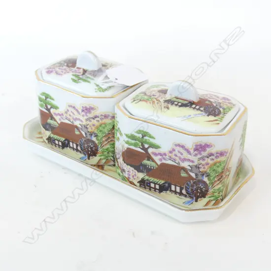 ORIENTAL CHINA TEA CADDY’S ON TRAY