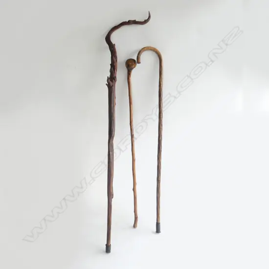 3 VINTAGE WALKING STICKS; BRIAR CANE, GNARLED  FOLK ART & ONE OTHER 