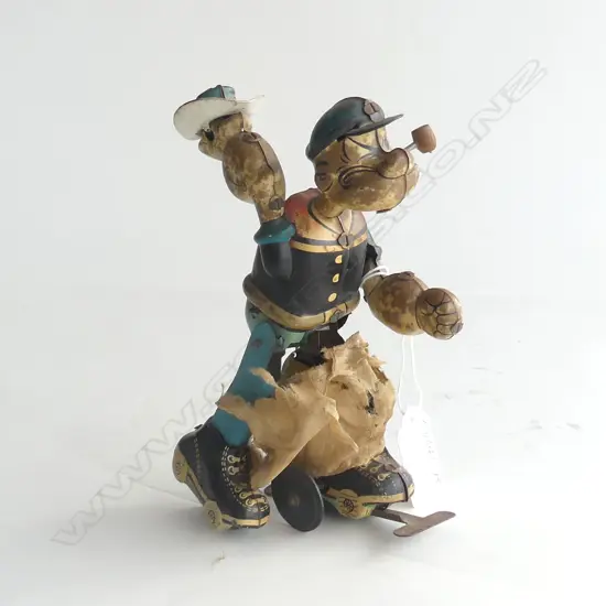 Linemar POPEYE MECHANICAL ROLLER SKATER vintage tin wind-up toy - 1950s H.160mm pants faulted