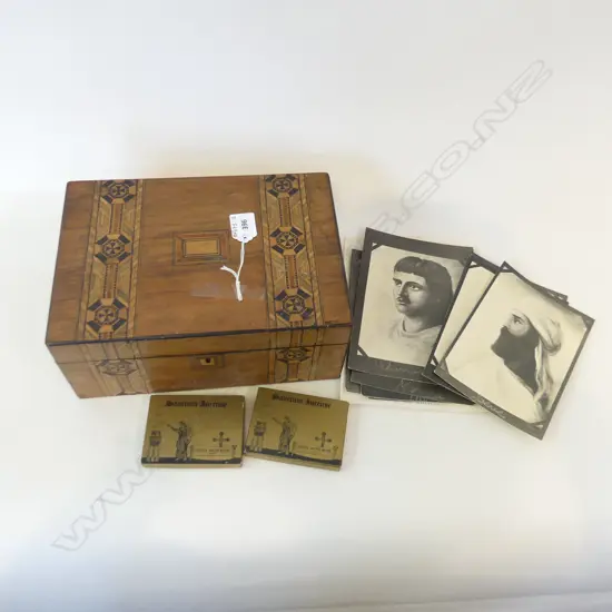 VICTORIAN INLAID WOODEN BOX WITH CONTENTS (270 X 190MM)