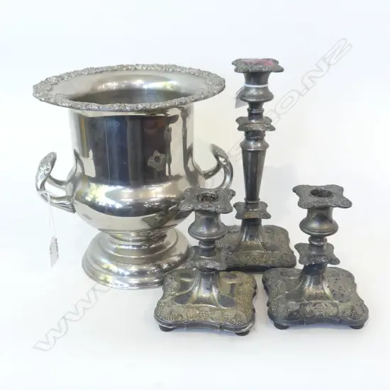LG SILVER PLATE CHAMPAGNE BUCKET (H 240MM) + 3 SILVER PLATE CANDLE STICKS, 1 X 260MM & 2 X 145M