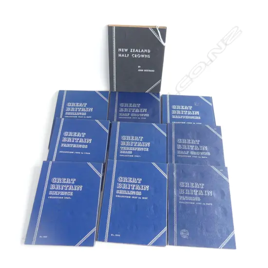 9 ASST GREAT BRITIAN COIN COLLECTION FOLDERS, INCOMPLETE + NZ HALF CROWNS FOLDER (EMPTY)