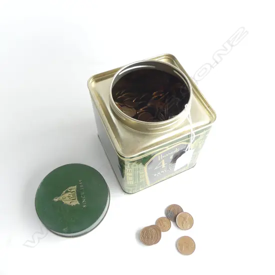 OLD TEA TIN OF NZ COPPER COINS