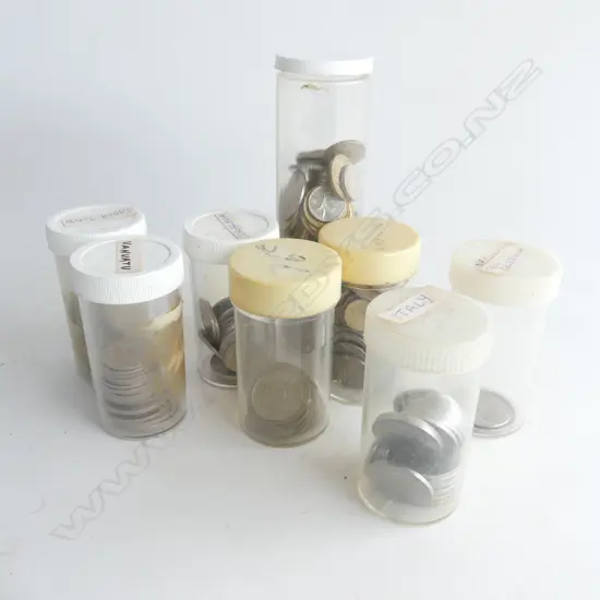 	BOX 8 SM JARS MIXED WORLD COINS EG. NEW CALEDONIA, ITALY, YUGOSLAVIA ETC..