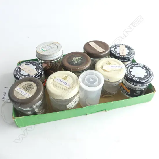 BOX 10 SM JARS MIXED WORLD COINS EG. TURKEY, ISRAEL, ENGLAND, CHILE ETC..