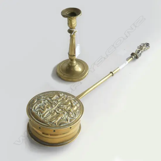 BRASS CHESTNUT ROASTER AND CANDLESTICK