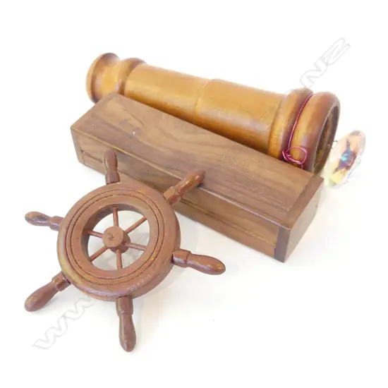 OLD WOODEN KALEIDOSCOPE (L 200 (A/F)  + SM WOODEN SHIPS & LIDDED BOX WITH BRASS INLAID ANCHOR