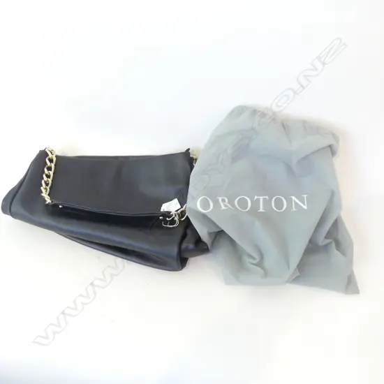 OROTON BLACK LEATHER SHOULDER SATCHEL, GOLD CHAIN STRAP, INCLUDES DUST BAG 280 X 310MM